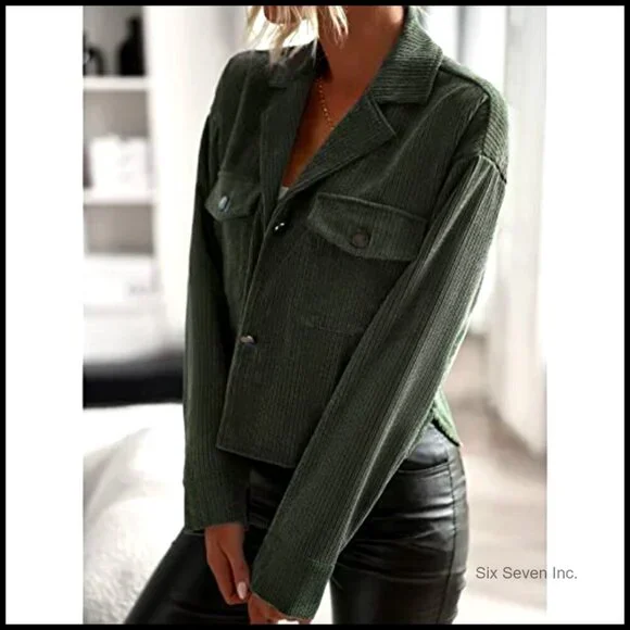 Corduroy Cropped Shacket Casual Button Down Relaxed Fit Y2K Trendy Blazer - Picture 4 of 5